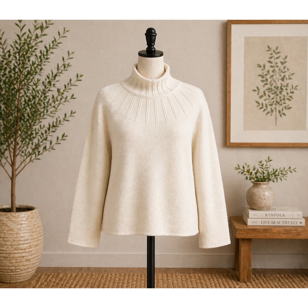 Me by Jennie Garth Ribbed Mock Neck Sweater Ivory Off-White Pullover Womens M